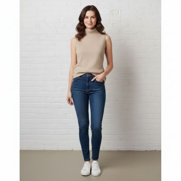 β¨ Feel The Piece Sleeveless Turtleneck M/L Tencel Oatmeal Made USA Ribbed - Picture 12 of 12